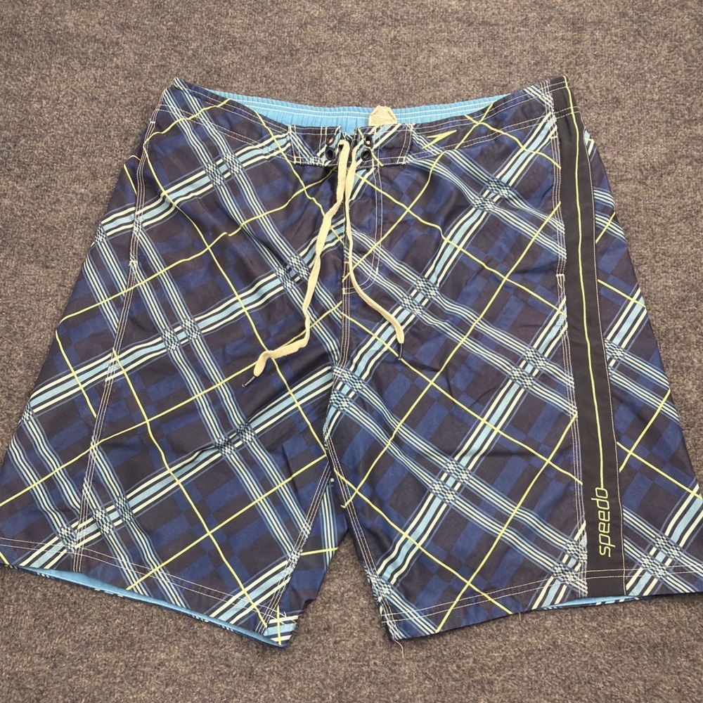 Mens Large Speedo Swim Board Shorts Bathing Suit Diamond Plaid Pattern Drawstrin